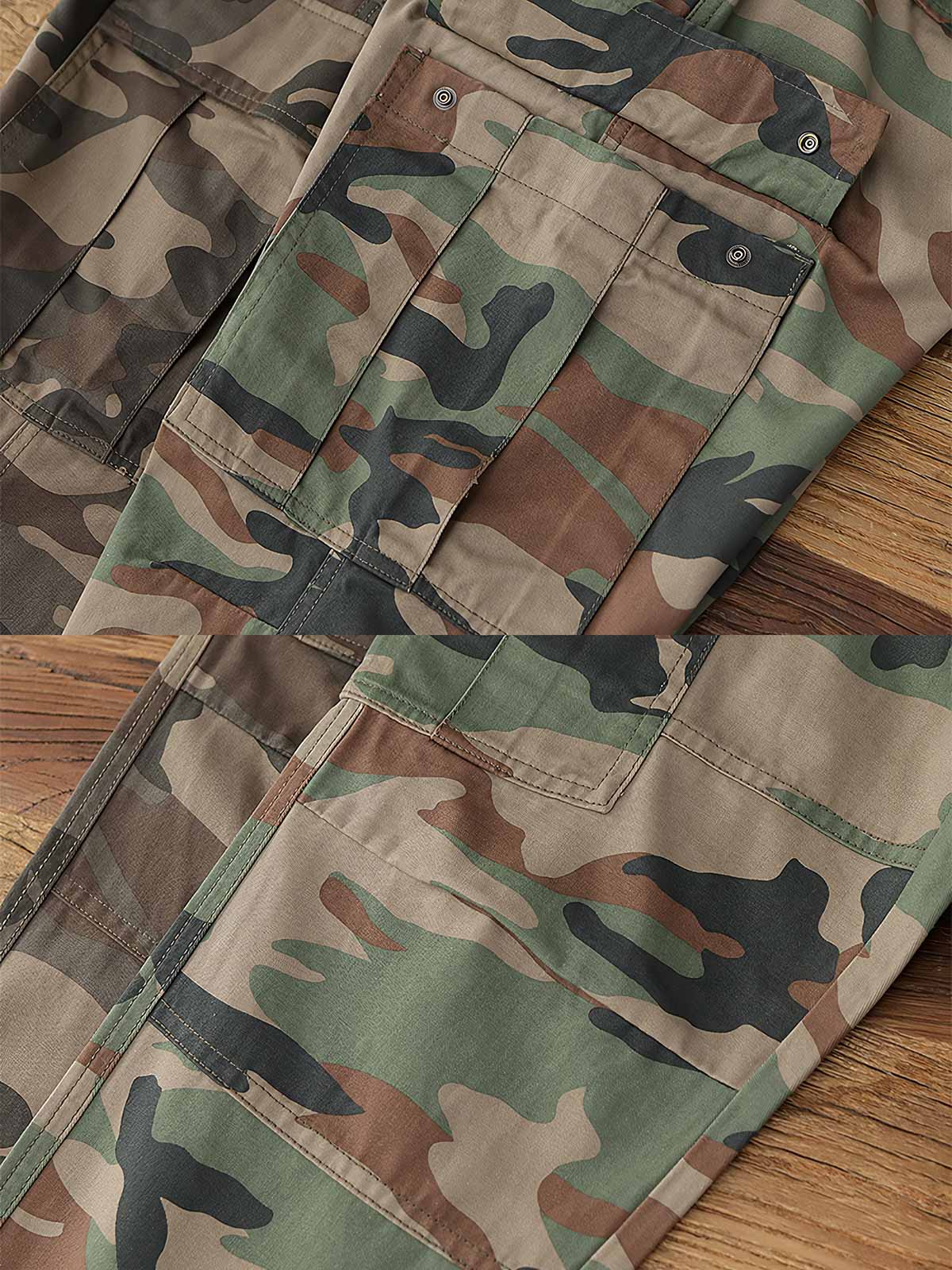 製品画像: アメリカンレトロ風 迷彩 六つポケット ヴィンテージ ウォッシュ カーゴパンツ 正面
詳細画像: カーゴポケットとYKKジッパー ディテール