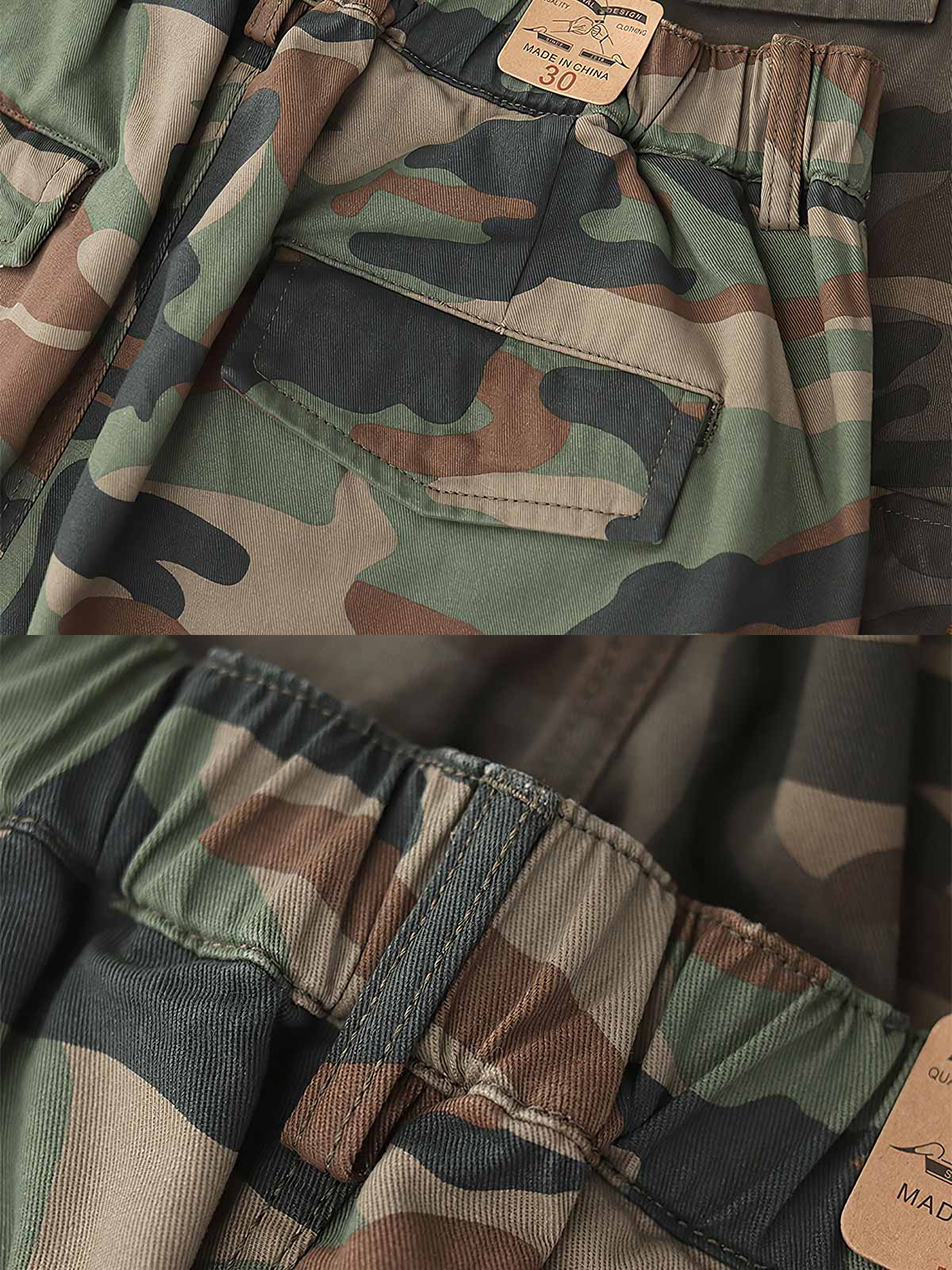 製品画像: アメリカンレトロ風 迷彩 六つポケット ヴィンテージ ウォッシュ カーゴパンツ 正面
詳細画像: カーゴポケットとYKKジッパー ディテール