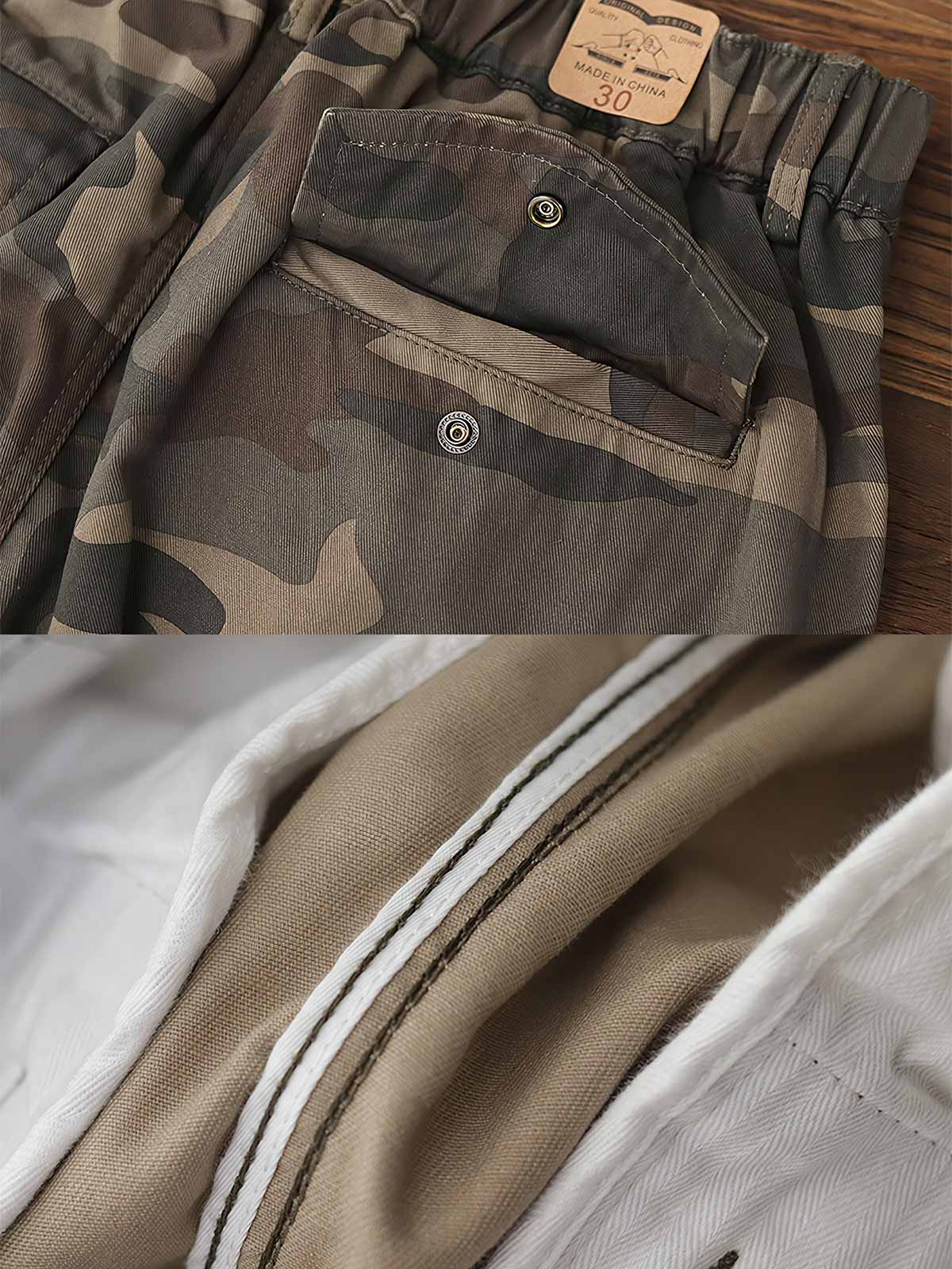 製品画像: アメリカンレトロ風 迷彩 六つポケット ヴィンテージ ウォッシュ カーゴパンツ 正面
詳細画像: カーゴポケットとYKKジッパー ディテール