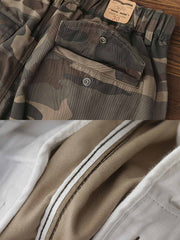 製品画像: アメリカンレトロ風 迷彩 六つポケット ヴィンテージ ウォッシュ カーゴパンツ 正面
詳細画像: カーゴポケットとYKKジッパー ディテール