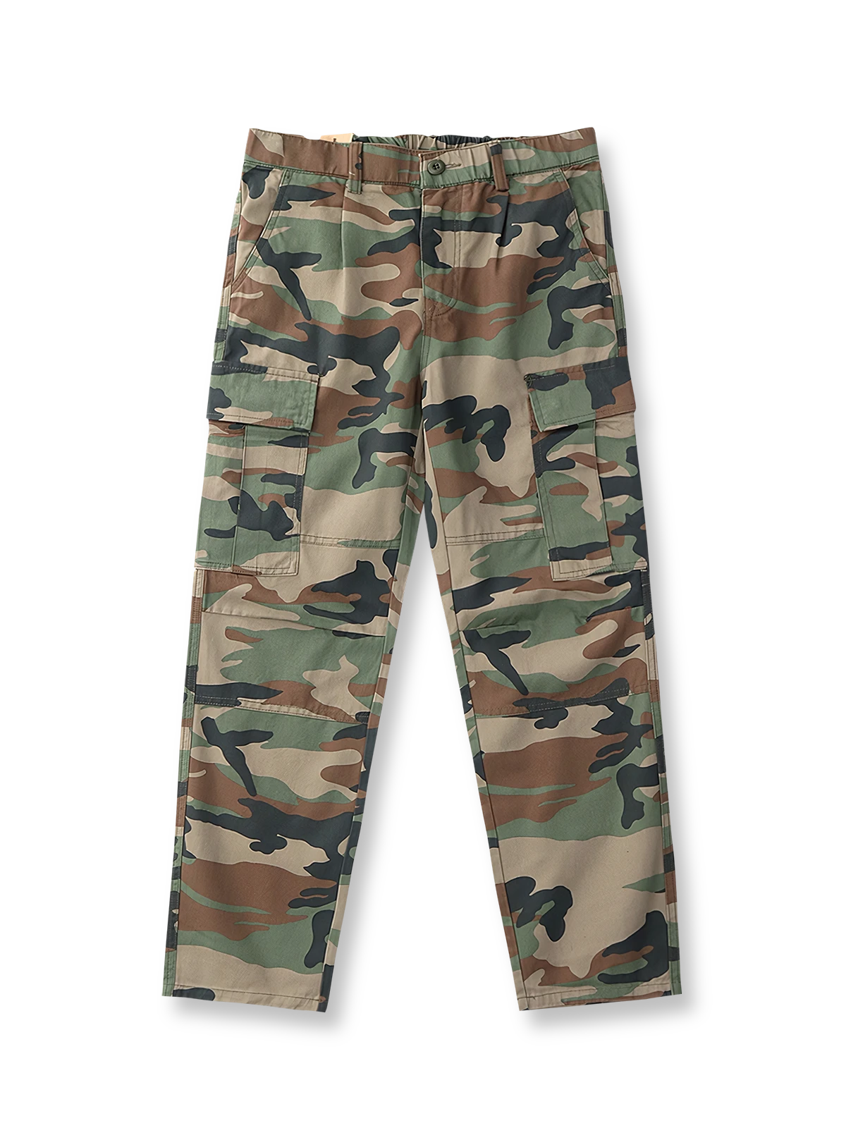 製品画像: アメリカンレトロ風 迷彩 六つポケット ヴィンテージ ウォッシュ カーゴパンツ 正面
詳細画像: カーゴポケットとYKKジッパー ディテール