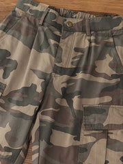 製品画像: アメリカンレトロ風 迷彩 六つポケット ヴィンテージ ウォッシュ カーゴパンツ 正面
詳細画像: カーゴポケットとYKKジッパー ディテール