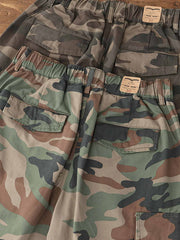 製品画像: アメリカンレトロ風 迷彩 六つポケット ヴィンテージ ウォッシュ カーゴパンツ 正面
詳細画像: カーゴポケットとYKKジッパー ディテール