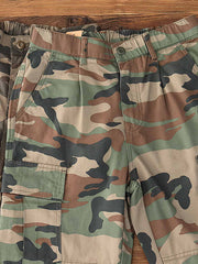 製品画像: アメリカンレトロ風 迷彩 六つポケット ヴィンテージ ウォッシュ カーゴパンツ 正面
詳細画像: カーゴポケットとYKKジッパー ディテール