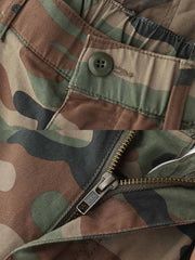 製品画像: アメリカンレトロ風 迷彩 六つポケット ヴィンテージ ウォッシュ カーゴパンツ 正面
詳細画像: カーゴポケットとYKKジッパー ディテール