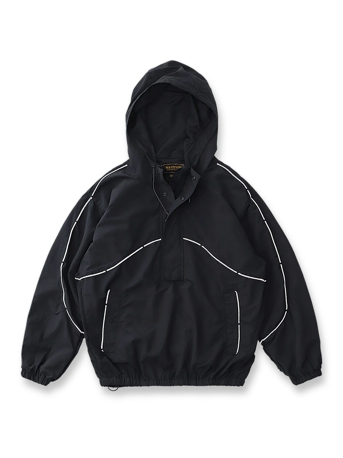 製品画像: レトロ風 配色 フード付き トレーニングジャケット 正面
詳細画像: ハーフジップと反射テープのディテール