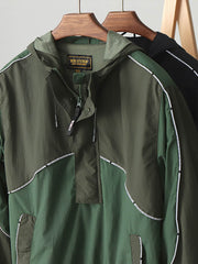 製品画像: レトロ風 配色 フード付き トレーニングジャケット 正面
詳細画像: ハーフジップと反射テープのディテール