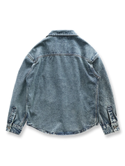製品画像: ヴィンテージ風 厚手 ストーンウォッシュ デニム ワークシャツジャケット 正面
詳細画像: デニム素材とシングルポケット ディテール