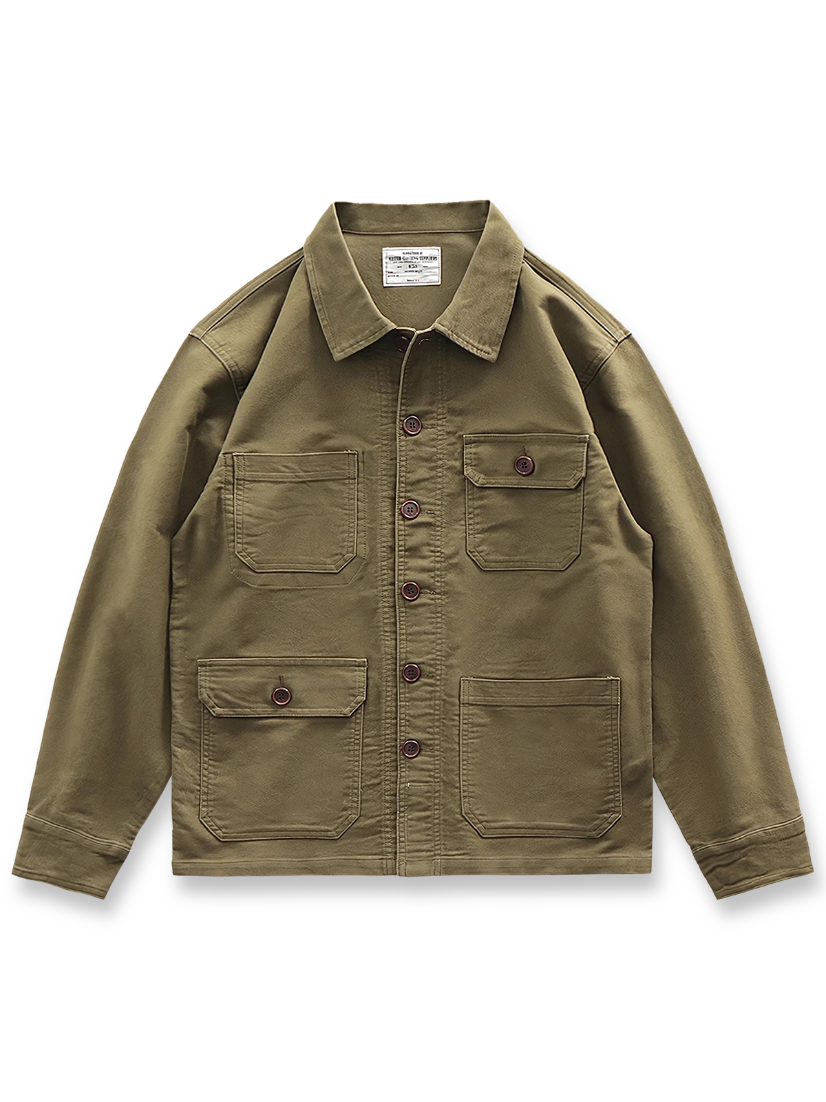 製品画像: ヴィンテージ風 ブラッシュド&ウォッシュ加工 多ポケット ワークジャケット 正面
詳細画像: 重厚なサテン生地、ブラッシュド&ウォッシュ加工、アシンメトリーなポケット ディテール