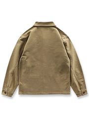製品画像: ヴィンテージ風 ブラッシュド&ウォッシュ加工 多ポケット ワークジャケット 正面
詳細画像: 重厚なサテン生地、ブラッシュド&ウォッシュ加工、アシンメトリーなポケット ディテール