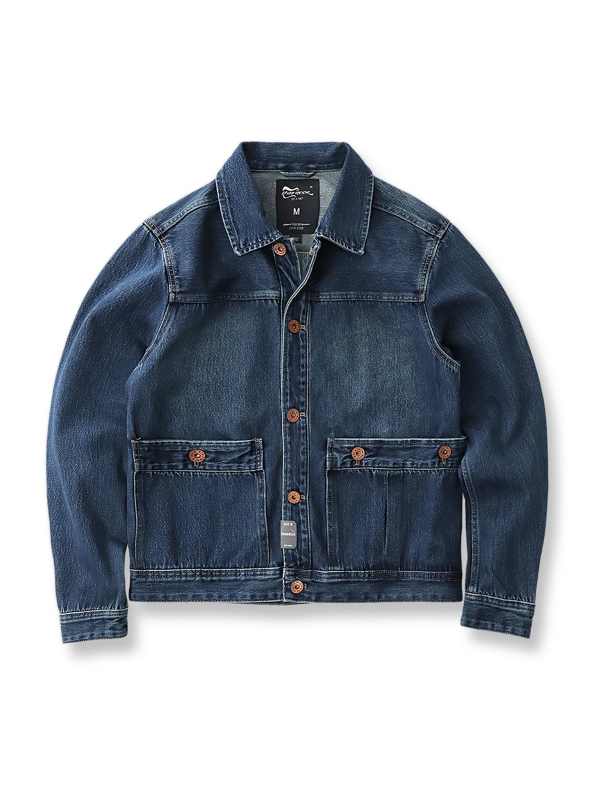 製品画像: ヴィンテージ加工ウォッシュデニムジャケット メンズ 正面ビュー 高密度ポリエステル コットンライナー 春秋アウター
詳細画像: デニムジャケットのカスタムメイドヴィンテージリベットボタンと大型ポケットのディテール