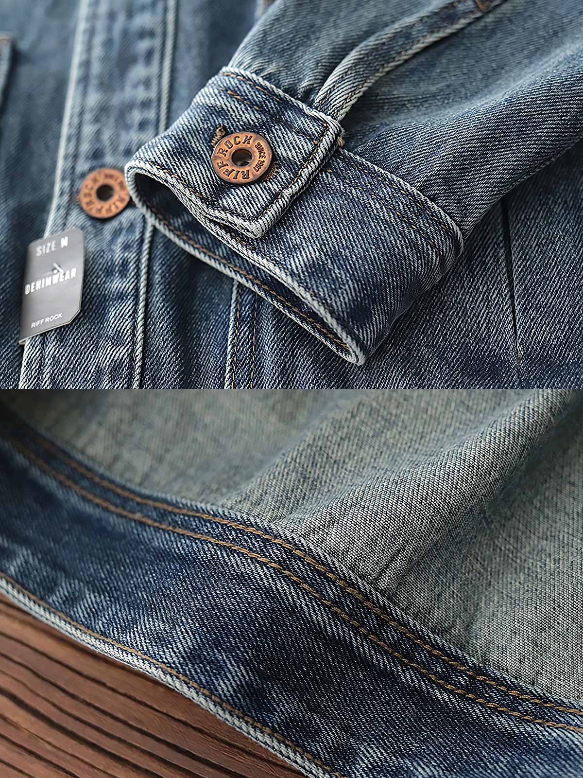 製品画像: ヴィンテージ加工ウォッシュデニムジャケット メンズ 正面ビュー 高密度ポリエステル コットンライナー 春秋アウター
詳細画像: デニムジャケットのカスタムメイドヴィンテージリベットボタンと大型ポケットのディテール