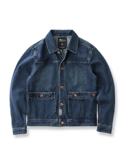 製品画像: ヴィンテージ加工ウォッシュデニムジャケット メンズ 正面ビュー 高密度ポリエステル コットンライナー 春秋アウター
詳細画像: デニムジャケットのカスタムメイドヴィンテージリベットボタンと大型ポケットのディテール