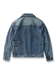 製品画像: ヴィンテージ加工ウォッシュデニムジャケット メンズ 正面ビュー 高密度ポリエステル コットンライナー 春秋アウター
詳細画像: デニムジャケットのカスタムメイドヴィンテージリベットボタンと大型ポケットのディテール