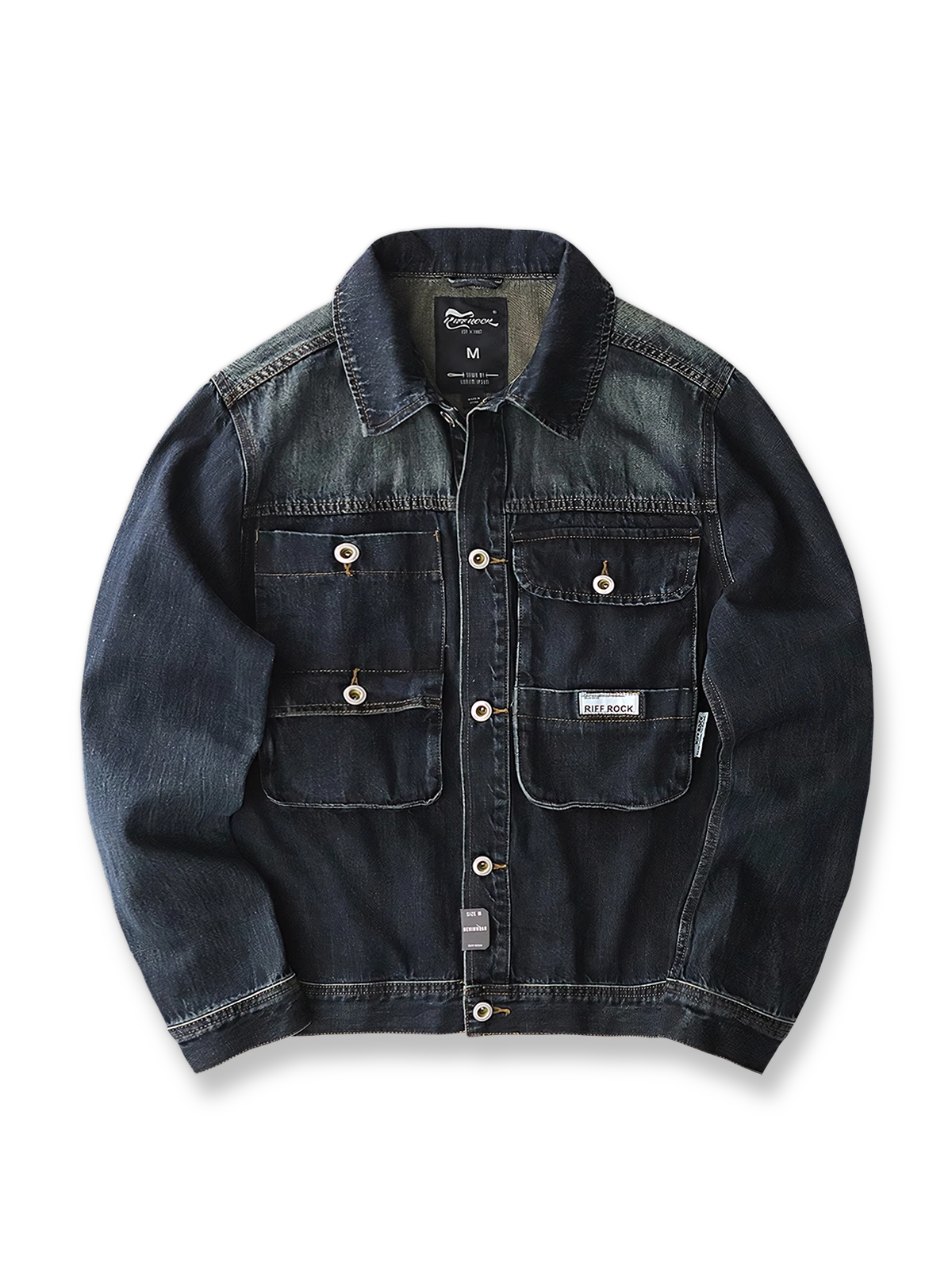 製品画像: サンドウォッシュ ヴィンテージ加工 メンズデニムワークジャケット 正面ビュー ジャパニーズテイスト 秋冬アウター
詳細画像: 多層ポケットデザインとカスタムリベットボタンのディテール サンドウォッシュ仕上げ