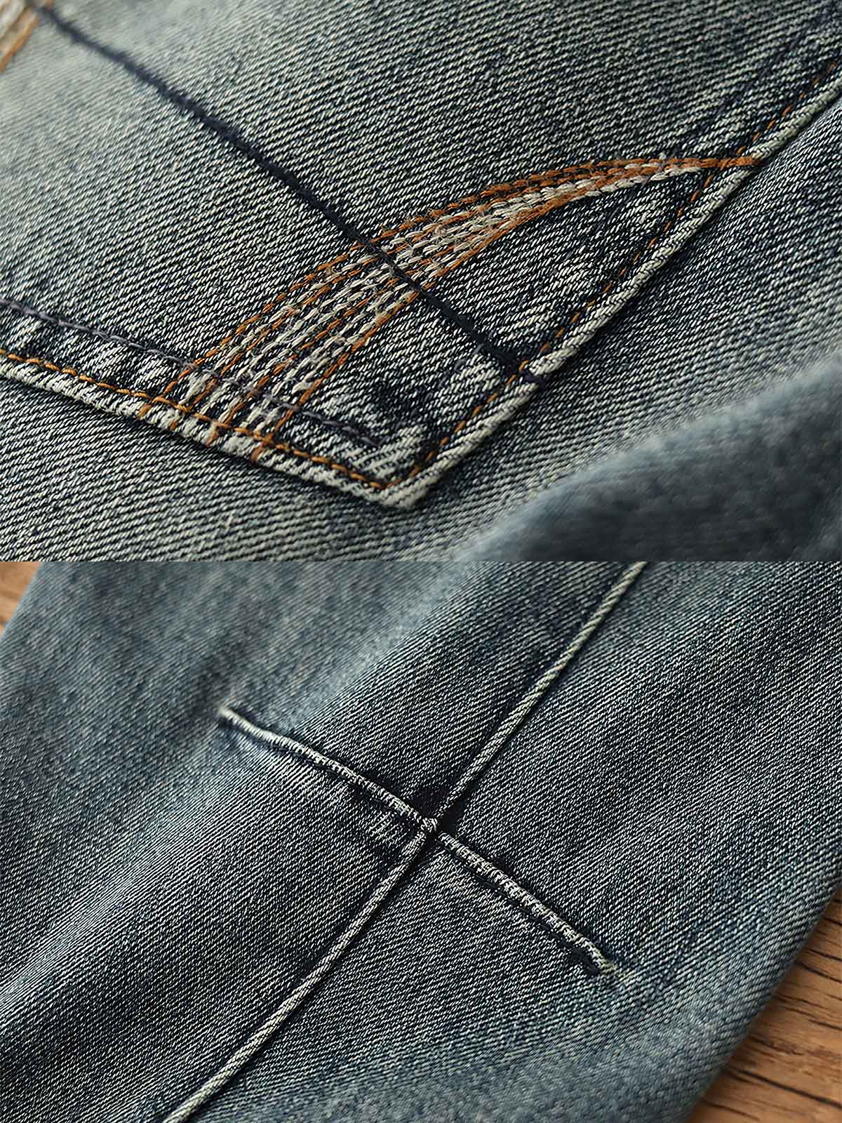 製品画像: アメカジレトロスリムストレートジーンズのフロントビュー。12.5オンスのデニムとウォッシュヴィンテージ加工で、レトロな風合いが特徴
詳細画像: サンドウォッシュ加工と5ポケットデザインのディテール。カスタムリベットとYKKジッパーで高い品質を実現