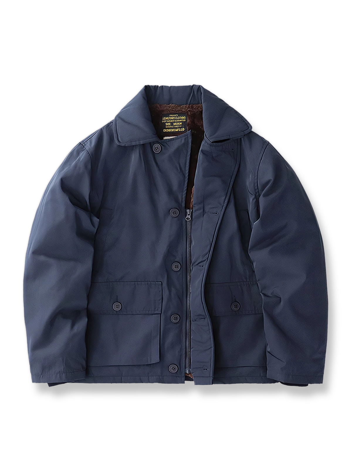 製品画像: AL-1 フライトジャケット メンズ 裏起毛 ミリタリースタイル 正面ビュー
詳細画像: ヴィンテージ風の襟と4つのポケット、防風フラップのディテール