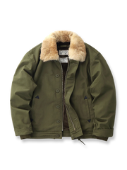 製品画像: N1 デッキジャケット メンズ 裏起毛 ラビットファー襟 ミリタリーデザイン 正面ビュー
詳細画像: TALONジッパーとラビットファー襟のディテール、混紡フリース内側の特写