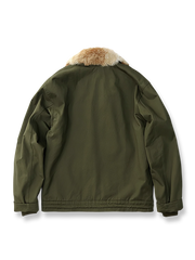 製品画像: N1 デッキジャケット メンズ 裏起毛 ラビットファー襟 ミリタリーデザイン 正面ビュー
詳細画像: TALONジッパーとラビットファー襟のディテール、混紡フリース内側の特写