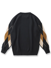 製品画像: ヴィンテージ感あふれる重厚ニット ダイヤ柄セーター 正面ビュー
詳細画像: ダイヤ柄ジャカードのディテールと厚手のリブクルーネック