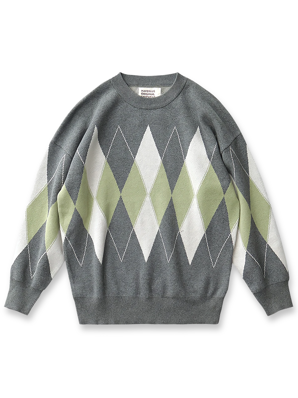 製品画像: ヴィンテージ感あふれる重厚ニット ダイヤ柄セーター 正面ビュー
詳細画像: ダイヤ柄ジャカードのディテールと厚手のリブクルーネック