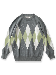 製品画像: ヴィンテージ感あふれる重厚ニット ダイヤ柄セーター 正面ビュー
詳細画像: ダイヤ柄ジャカードのディテールと厚手のリブクルーネック