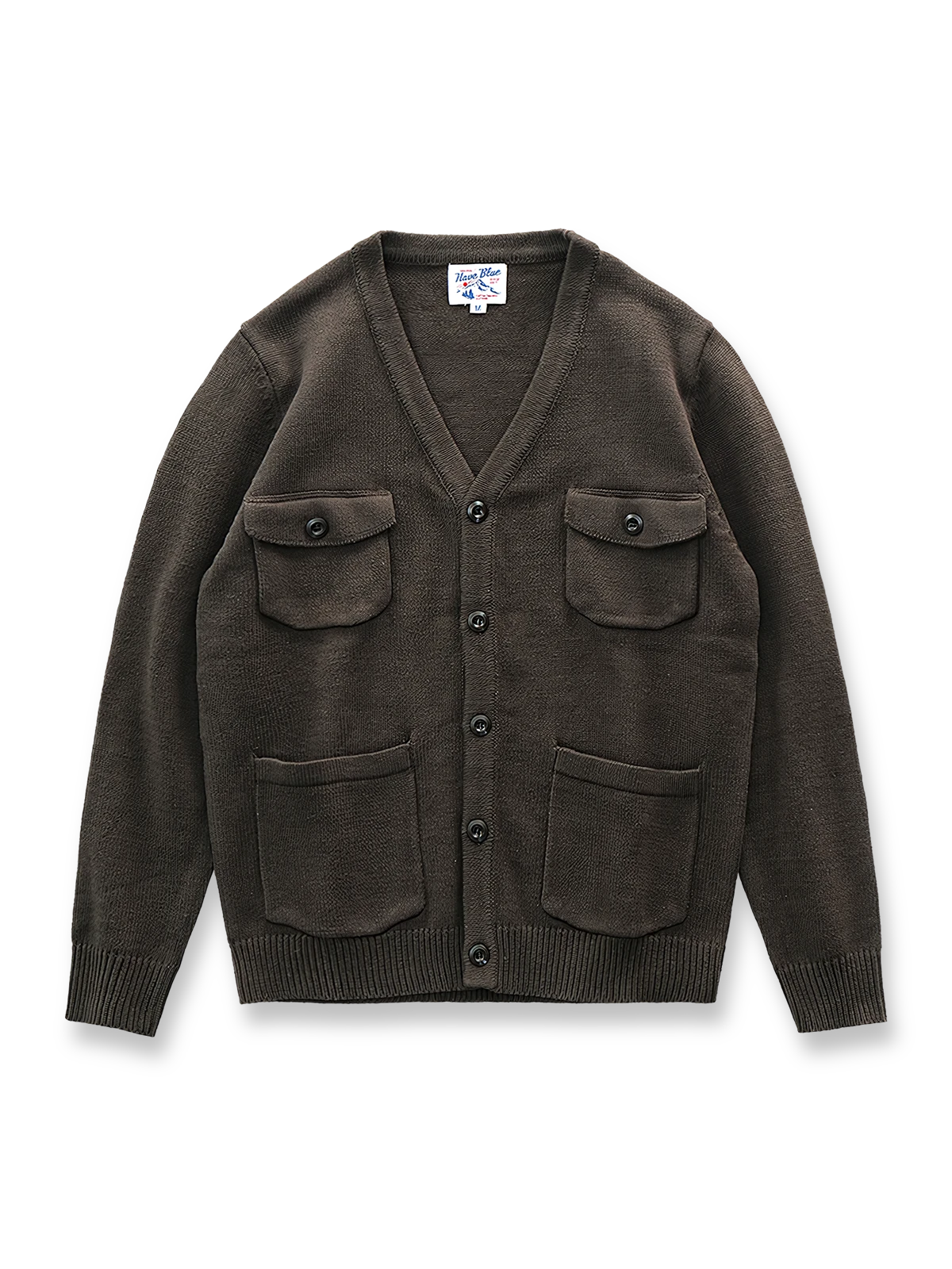 製品画像: レトロ四つポケットVネックニットカーディガンの全体図、厚手の保温性が特徴
詳細画像: Vネックと四つポケットのディテール、ニットの質感とウォッシュ加工の仕上がり
