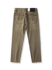 製品画像:アメカジ風泥染めストレートデニムパンツの正面展示。低彩度のブラウンカラーがヴィンテージ感を演出。
詳細画像:カスタムボタンとウォッシュ加工のディテールをクローズアップ。レザーパッチがデザインのアクセントに。