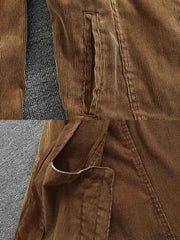 製品画像: ヨーロピアン&アメリカンヴィンテージ風コーデュロイバイカージャケットのフロントビュー。タフなバイカーカラーデザインとウォッシュ加工が魅力
詳細画像: バイカーカラーとジッパーデザインのディテール。ヴィンテージ感を引き立てる斜めポケット付き