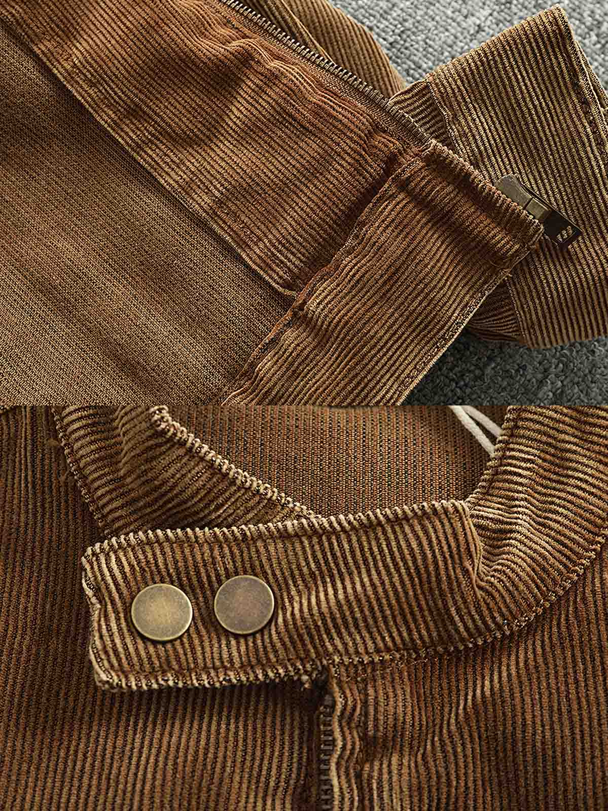 製品画像: ヨーロピアン&アメリカンヴィンテージ風コーデュロイバイカージャケットのフロントビュー。タフなバイカーカラーデザインとウォッシュ加工が魅力
詳細画像: バイカーカラーとジッパーデザインのディテール。ヴィンテージ感を引き立てる斜めポケット付き