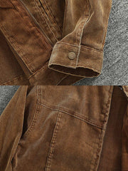 製品画像: ヨーロピアン&アメリカンヴィンテージ風コーデュロイバイカージャケットのフロントビュー。タフなバイカーカラーデザインとウォッシュ加工が魅力
詳細画像: バイカーカラーとジッパーデザインのディテール。ヴィンテージ感を引き立てる斜めポケット付き