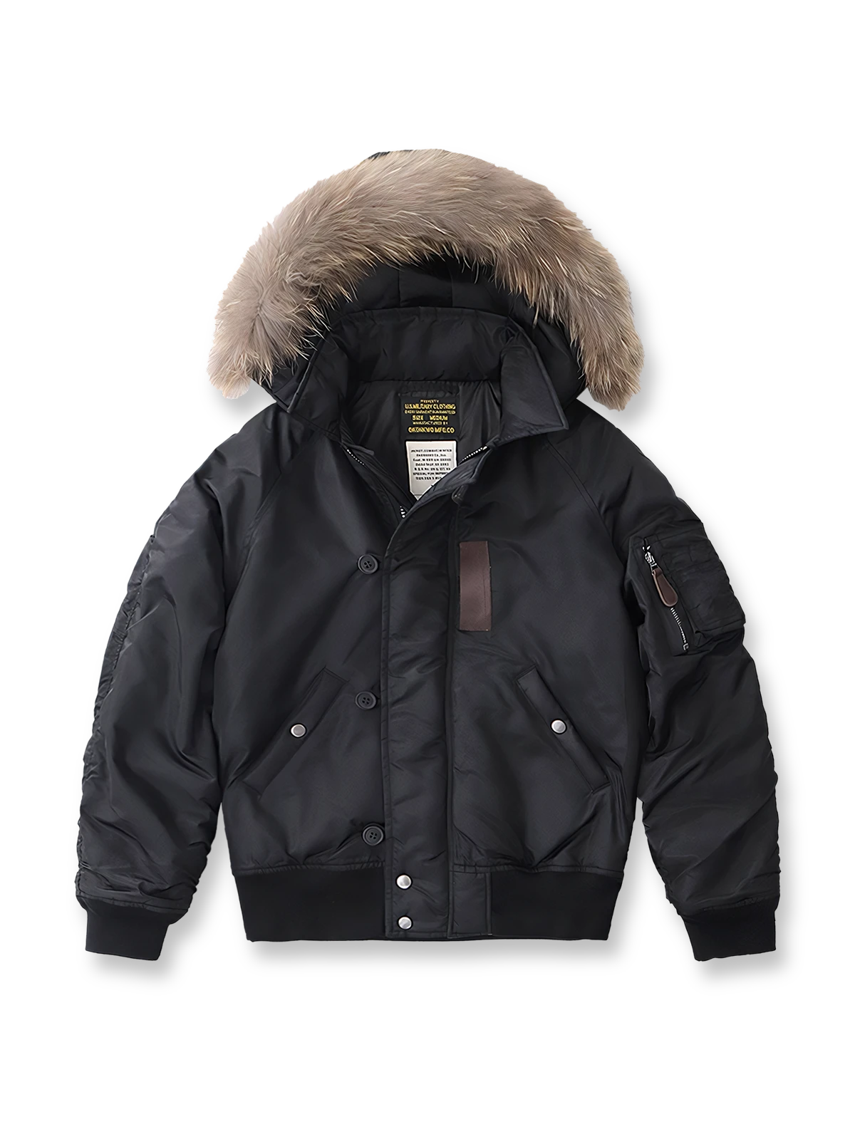 製品画像:N2Bフライトジャケットの正面図。高密度防水ナイロンと天然タヌキファー毛襟を採用し、混合ウールライニングで優れた保温性を実現。冬季のアウトドアや日常コーデに最適なアイテム。
詳細画像:ジャケットのタヌキファー毛襟と内側の混合ウールライニングをクローズアップ。クラシックなミリタリースタイルと防寒性能を兼ね備え、実用性とファッション性が融合したデザイン。