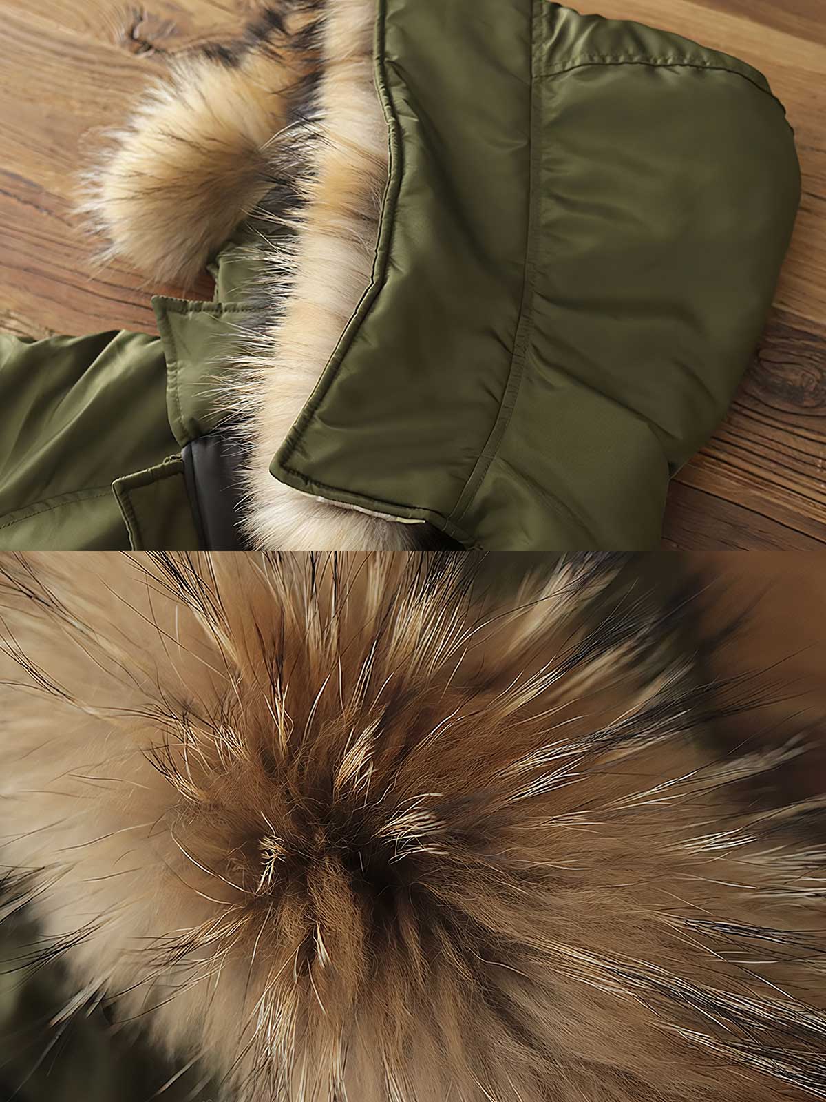 製品画像:N2Bフライトジャケットの正面図。高密度防水ナイロンと天然タヌキファー毛襟を採用し、混合ウールライニングで優れた保温性を実現。冬季のアウトドアや日常コーデに最適なアイテム。
詳細画像:ジャケットのタヌキファー毛襟と内側の混合ウールライニングをクローズアップ。クラシックなミリタリースタイルと防寒性能を兼ね備え、実用性とファッション性が融合したデザイン。