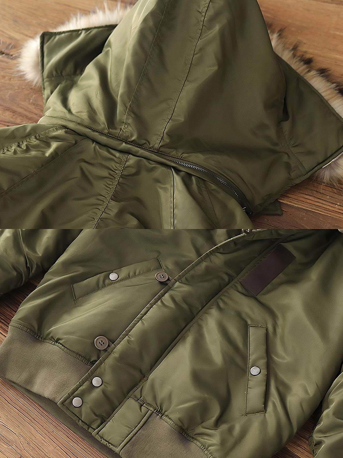 製品画像:N2Bフライトジャケットの正面図。高密度防水ナイロンと天然タヌキファー毛襟を採用し、混合ウールライニングで優れた保温性を実現。冬季のアウトドアや日常コーデに最適なアイテム。
詳細画像:ジャケットのタヌキファー毛襟と内側の混合ウールライニングをクローズアップ。クラシックなミリタリースタイルと防寒性能を兼ね備え、実用性とファッション性が融合したデザイン。