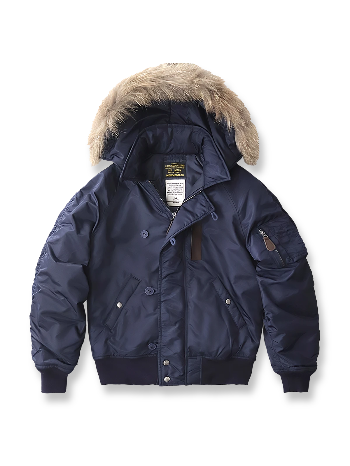 製品画像:N2Bフライトジャケットの正面図。高密度防水ナイロンと天然タヌキファー毛襟を採用し、混合ウールライニングで優れた保温性を実現。冬季のアウトドアや日常コーデに最適なアイテム。
詳細画像:ジャケットのタヌキファー毛襟と内側の混合ウールライニングをクローズアップ。クラシックなミリタリースタイルと防寒性能を兼ね備え、実用性とファッション性が融合したデザイン。