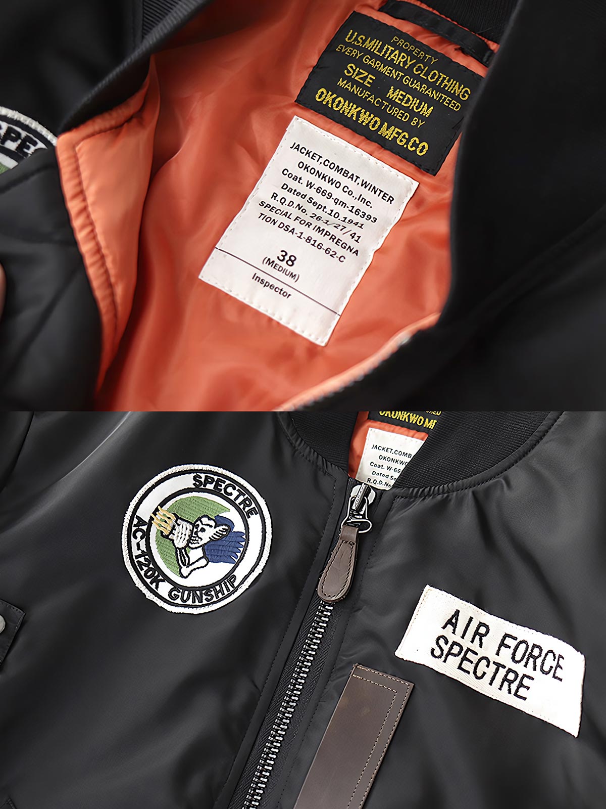 製品画像:ヴィンテージMA-1フライトジャケットの正面図。防水ナイロン素材とオレンジ色の裏地、刺繍バッジが特徴的なデザイン。
詳細画像:刺繍バッジと識別テープ、ジッパーのディテールをクローズアップした画像。ミリタリーウェアの本格的なスタイルを強調。