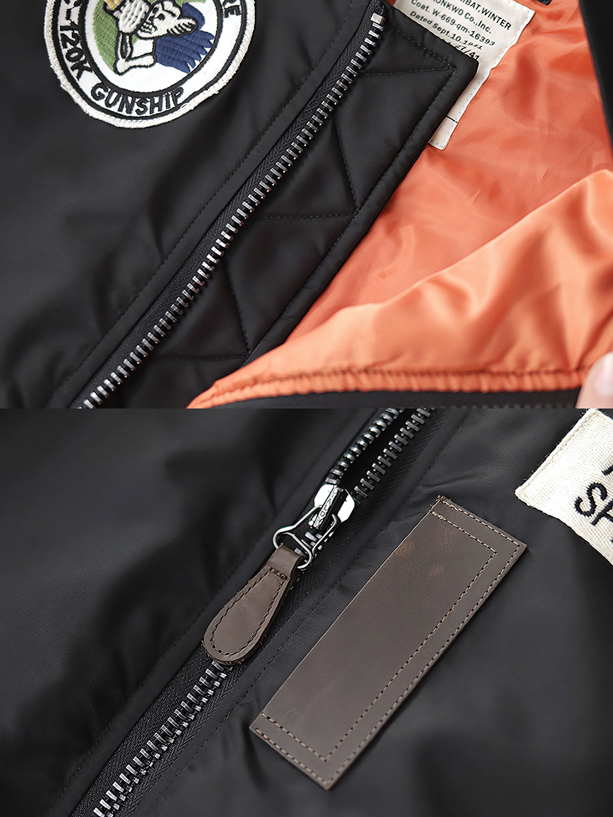 製品画像:ヴィンテージMA-1フライトジャケットの正面図。防水ナイロン素材とオレンジ色の裏地、刺繍バッジが特徴的なデザイン。
詳細画像:刺繍バッジと識別テープ、ジッパーのディテールをクローズアップした画像。ミリタリーウェアの本格的なスタイルを強調。