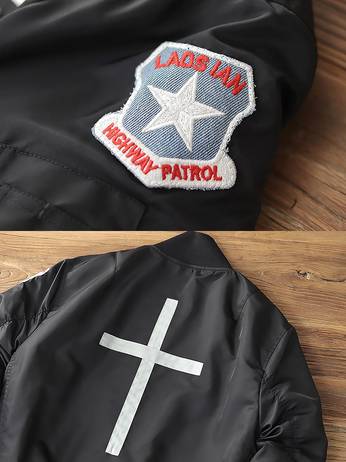 製品画像:ヴィンテージMA-1フライトジャケットの正面図。防水ナイロン素材とオレンジ色の裏地、刺繍バッジが特徴的なデザイン。
詳細画像:刺繍バッジと識別テープ、ジッパーのディテールをクローズアップした画像。ミリタリーウェアの本格的なスタイルを強調。