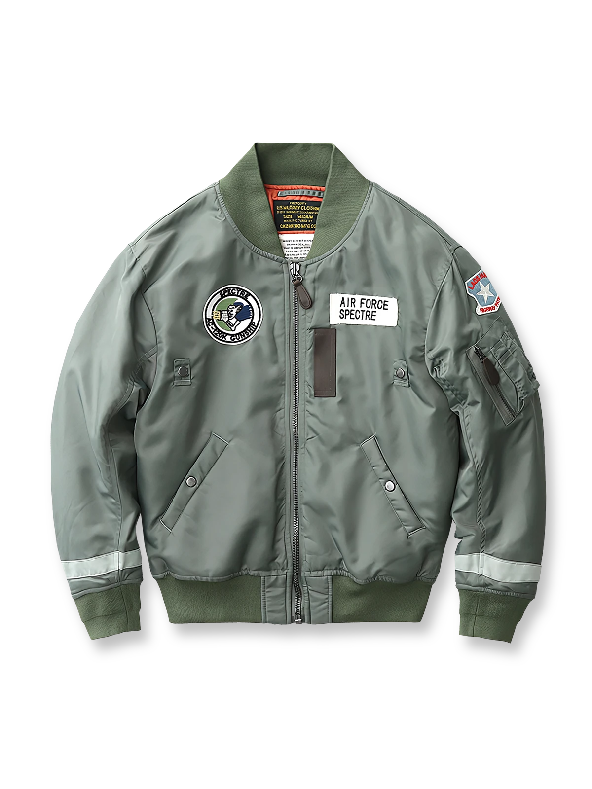 製品画像:ヴィンテージMA-1フライトジャケットの正面図。防水ナイロン素材とオレンジ色の裏地、刺繍バッジが特徴的なデザイン。
詳細画像:刺繍バッジと識別テープ、ジッパーのディテールをクローズアップした画像。ミリタリーウェアの本格的なスタイルを強調。