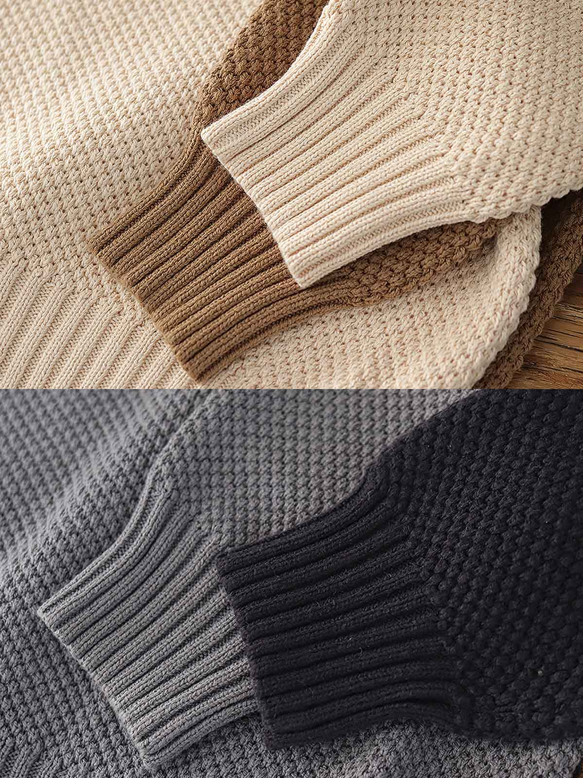 製品画像:ゆったりとしたワッフル編みクルーネックセーターの正面展示。ヴィンテージ風のデザインがカジュアルなスタイルにぴったり。
詳細画像:立体感のあるワッフル編みのディテールをクローズアップ。柔らかさと耐久性を兼ね備えたダブルヤーン素材。