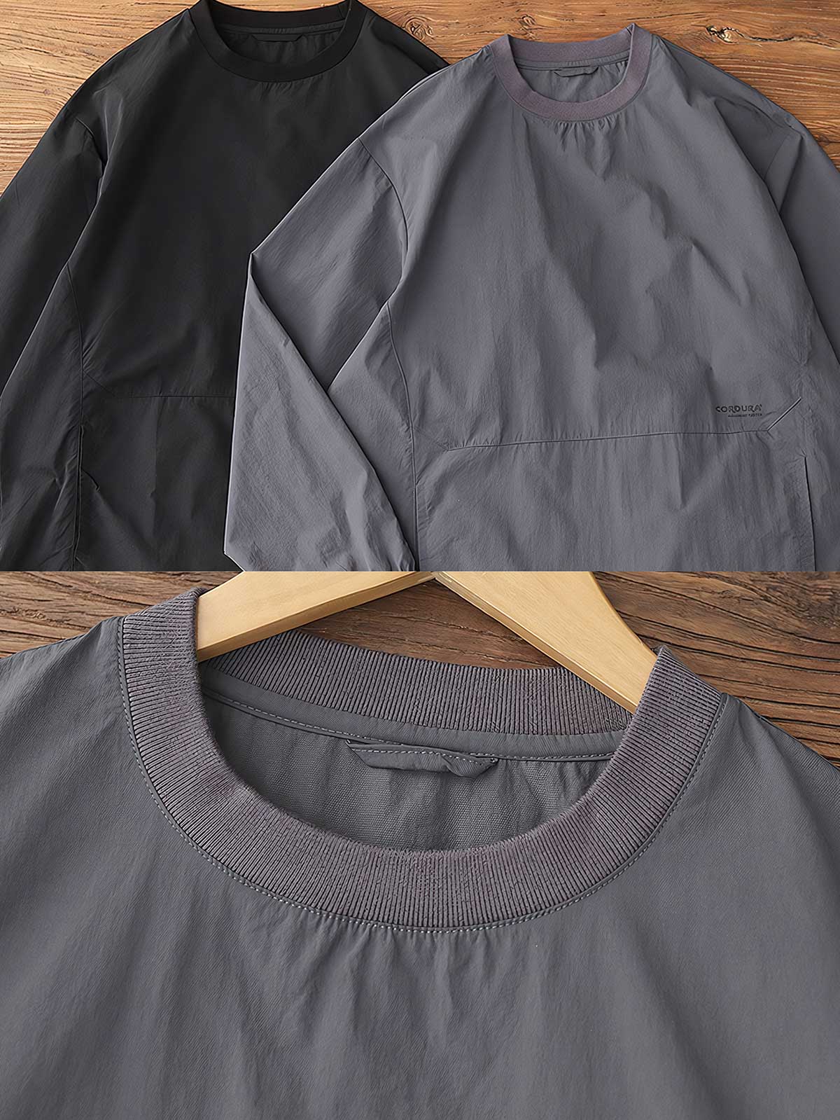 製品画像: 軽量 Cordura ナイロン 速乾トップ 正面、耐摩耗性・リップストップ機能
詳細画像: 両サイドの大容量ポケットと伸縮性のある袖口のディテール、オーバーサイズシルエット