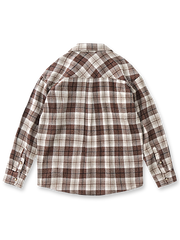 製品画像: ヴィンテージ風 ブラッシュド ヘリンボーン チェック コットン 長袖シャツ 正面、オーバーサイズデザイン
詳細画像: ヘリンボーンチェック生地とクラシックな胸ポケットのディテール、柔らかく快適な質感