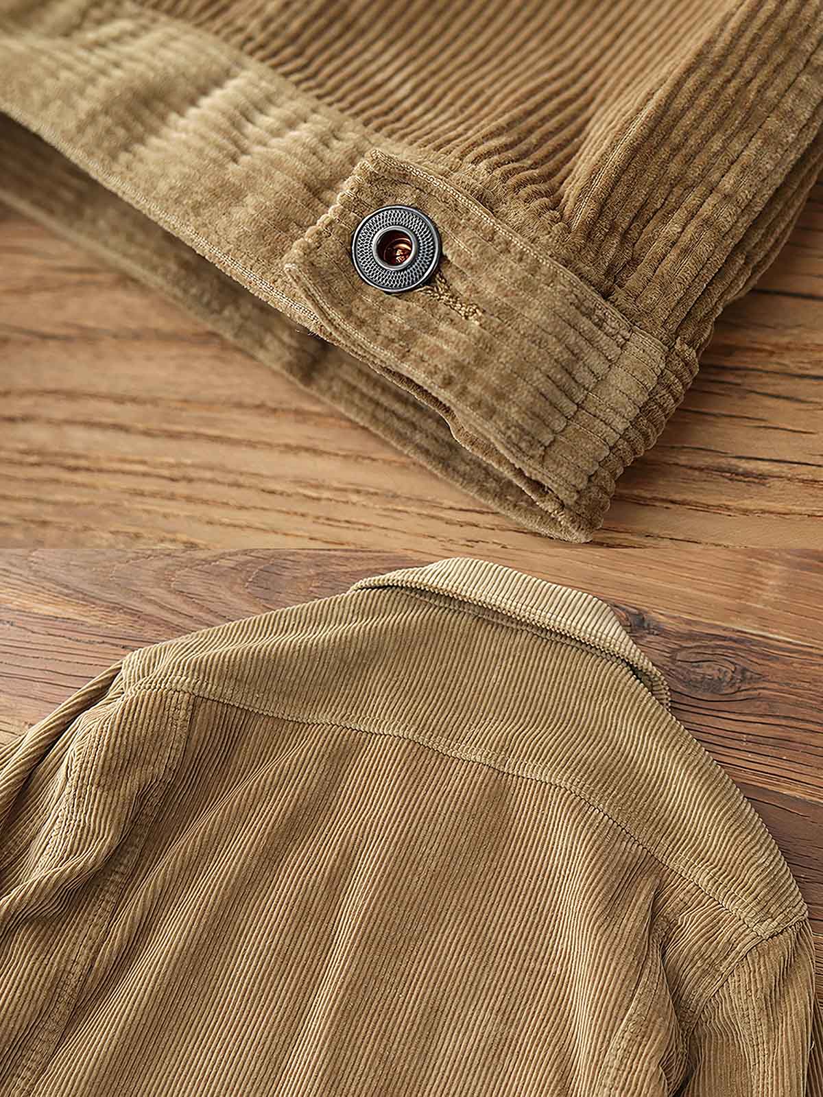 製品画像: ヴィンテージ コーデュロイ Type III ジャケット 正面、クラシックなレトロ風デザイン、秋冬に最適
詳細画像: コーデュロイ生地の柔らかな質感とウォッシュ加工のディテール、ヴィンテージ感