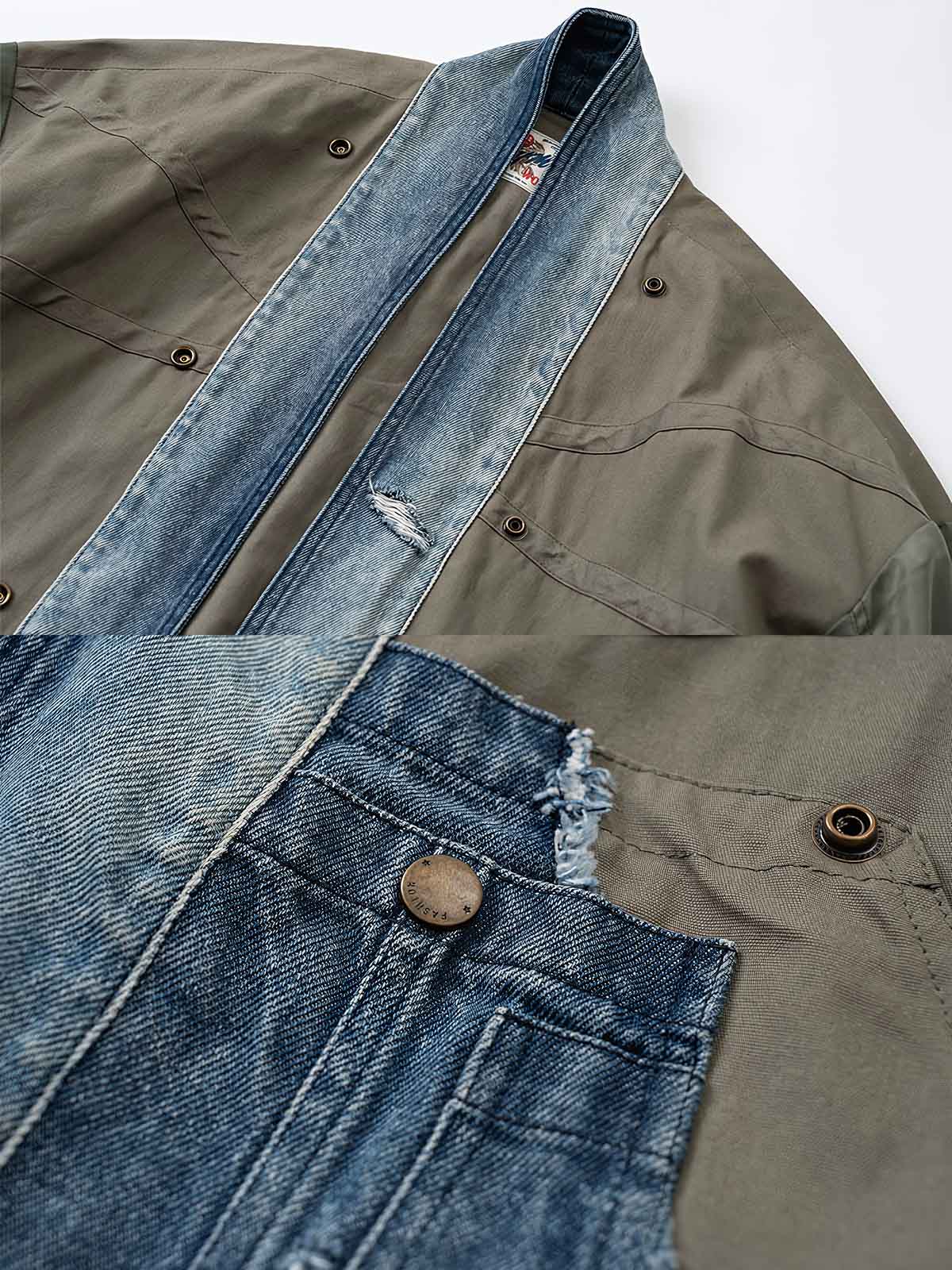 製品画像:多素材パッチワークはんてんの正面展示。デニムやコットンの組み合わせで奥行きのあるスタイルを演出。
詳細画像:多機能ポケットと肩部分のパッチワークディテールをクローズアップ。素材のコントラストが特徴的。
