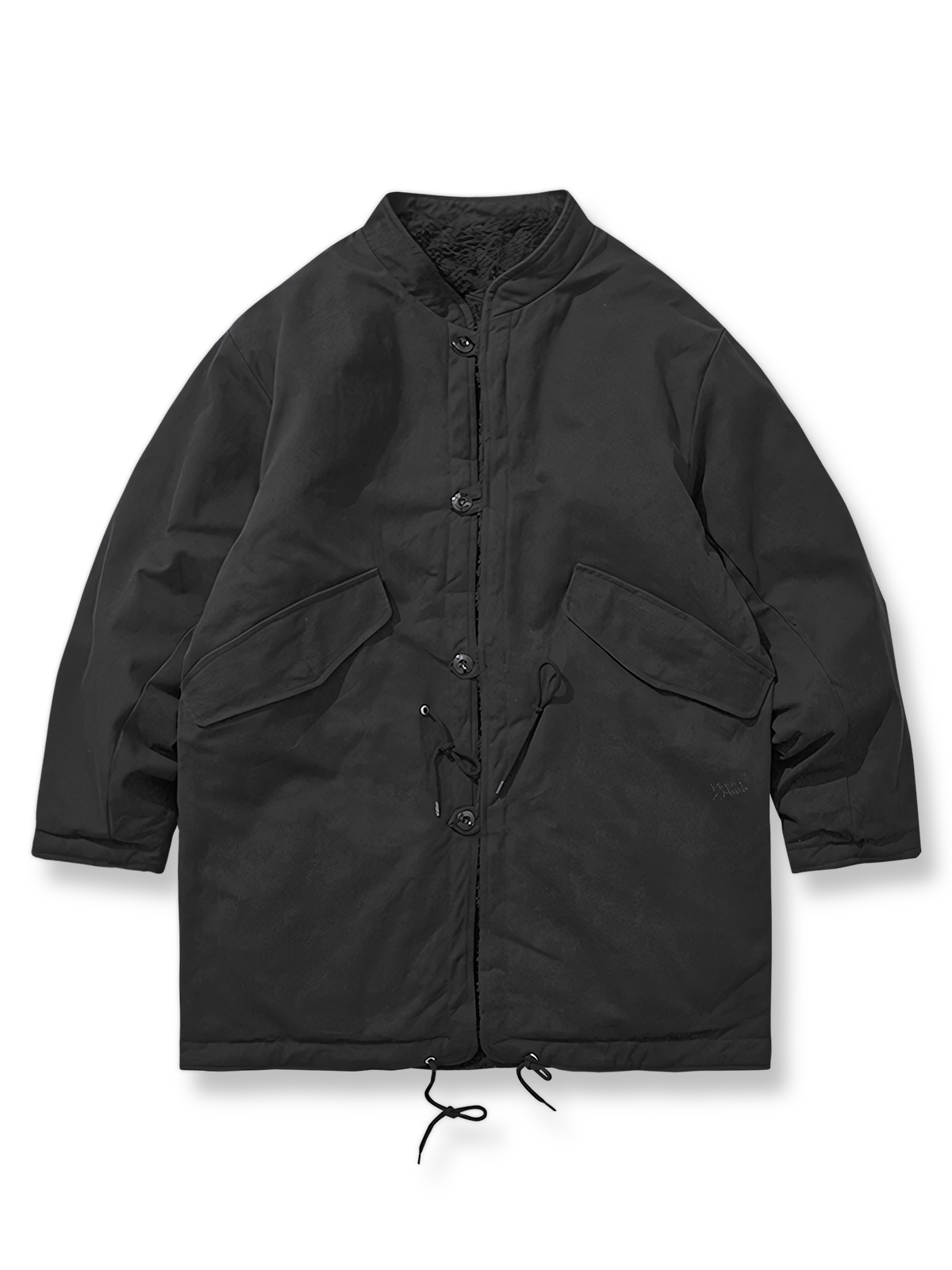 製品画像: リバーシブル厚手コーラルフリースヴィンテージワークコート全体表示。コットン表地とコーラルフリース裏地の組み合わせで、保温性とスタイルを両立したデザイン。
詳細画像: スタンドカラーとフリース裏地のディテール表示。すっきりとしたシルエットと柔らかいフリース素材が特徴。