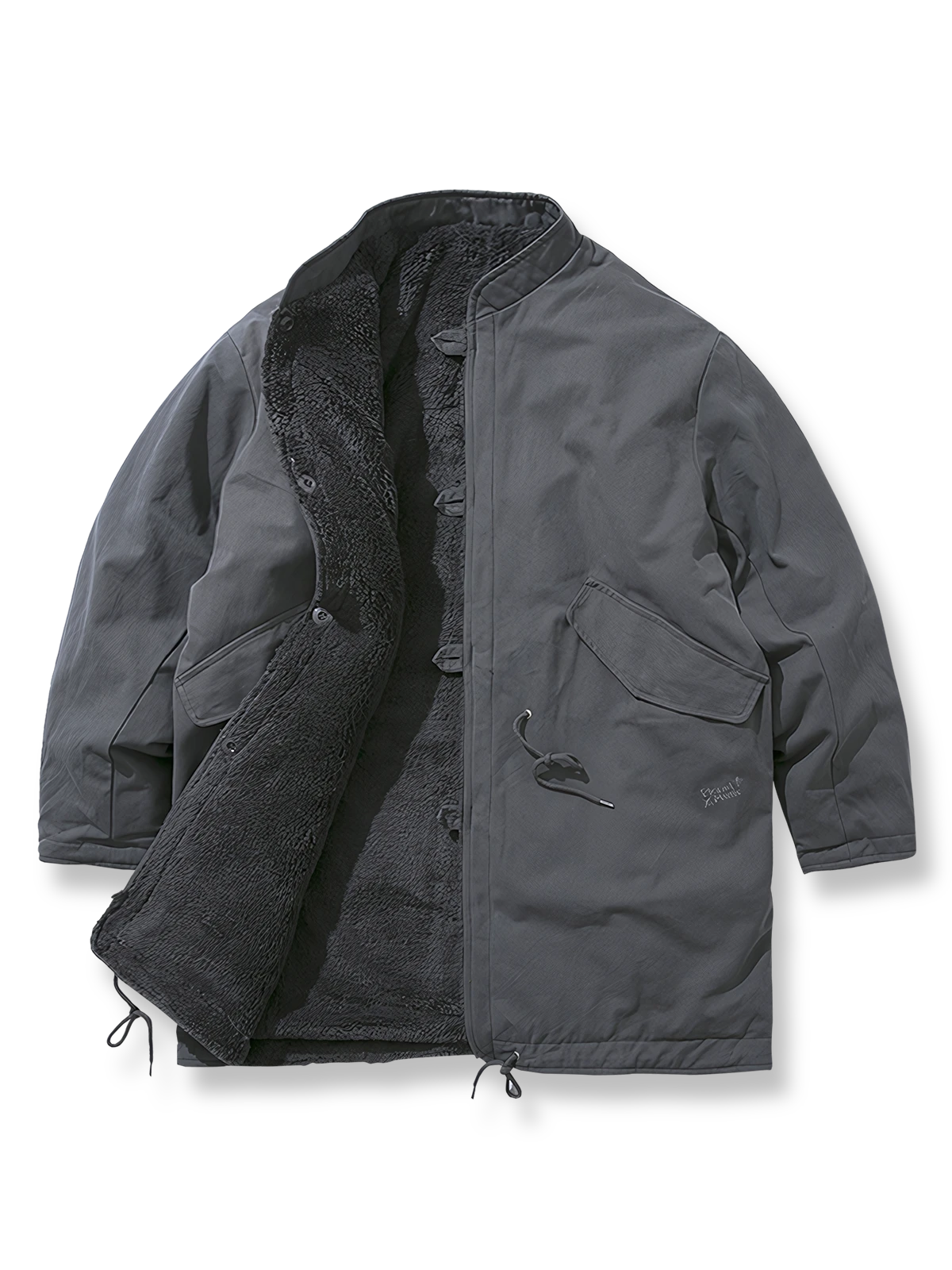 製品画像: リバーシブル厚手コーラルフリースヴィンテージワークコート全体表示。コットン表地とコーラルフリース裏地の組み合わせで、保温性とスタイルを両立したデザイン。
詳細画像: スタンドカラーとフリース裏地のディテール表示。すっきりとしたシルエットと柔らかいフリース素材が特徴。