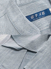 製品画像: ウォッシュ刺し子ストライプスタンドカラーデニムシャツ全体表示。東洋風デザインとモダンな刺し子刺繍が特徴のカジュアルシャツ。
詳細画像: ストライプ状の刺し子刺繍ディテール表示。民族風と幾何学模様が融合したデザインで、シャツのアクセントに。