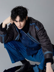 詳細画像: 草木模様のテープパッチワークディテール表示。ヴィンテージ感と高級感を兼ね備えたユニークな仕上がり。
モデル画像: モデル着用による厚手ムートンジャケットのシティスタイル。冬のカジュアルシーンに最適なアウター。