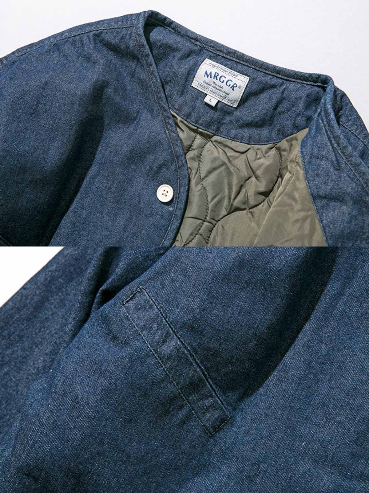 製品画像: ヴィンテージ風デニム中綿ワークジャケット全体展示。秋冬に適した保温性とスタイルが特徴のアイテム。
詳細画像: 中綿裏地と隠しスナップボタンのディテール展示。ヴィンテージ感のあるディテールがポイント。