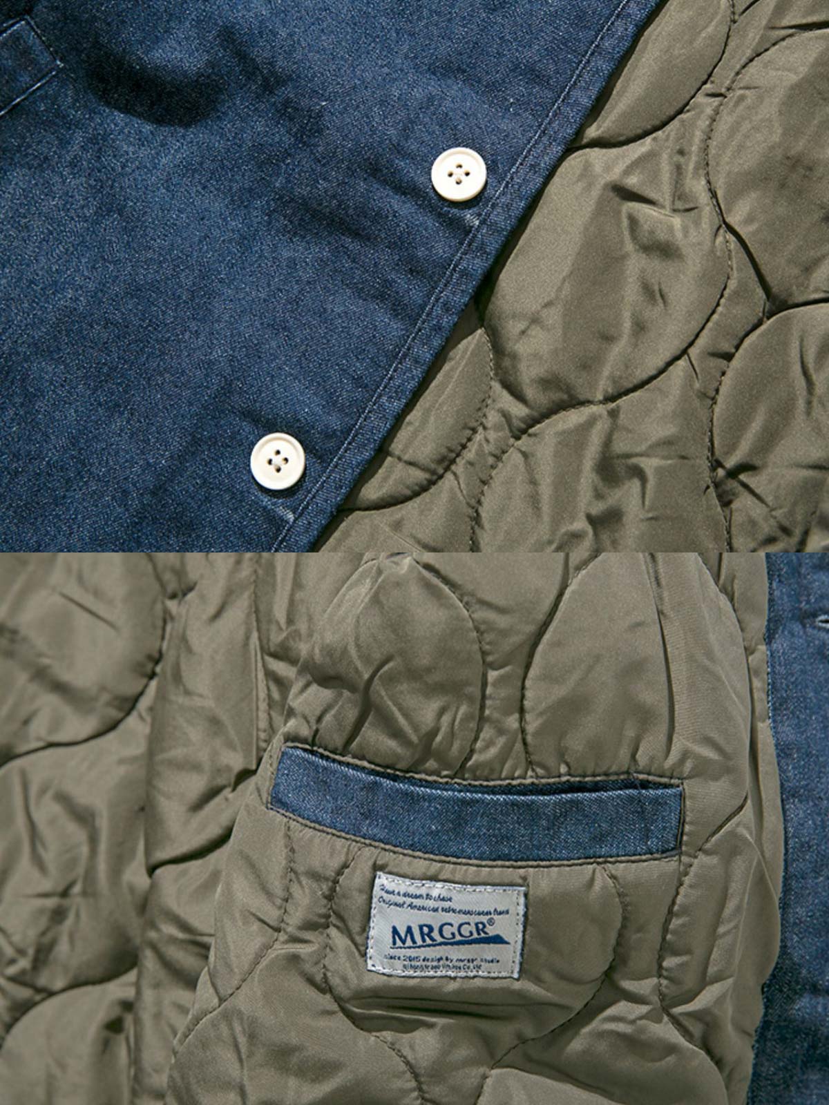 製品画像: ヴィンテージ風デニム中綿ワークジャケット全体展示。秋冬に適した保温性とスタイルが特徴のアイテム。
詳細画像: 中綿裏地と隠しスナップボタンのディテール展示。ヴィンテージ感のあるディテールがポイント。